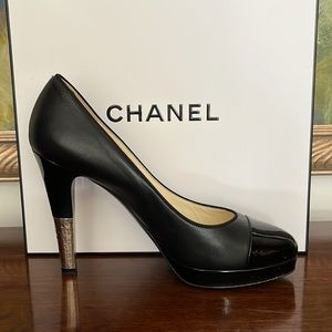 Classic Chanel black buffalo leather platform  pump with gold heel